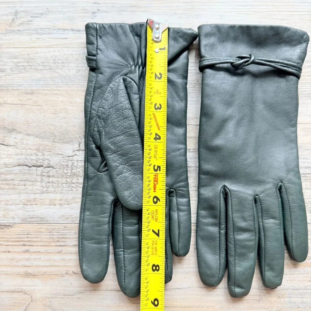 Vintage Sage Green Leather Gloves Long Wrist Knot Detail Soft Minimalist Dress